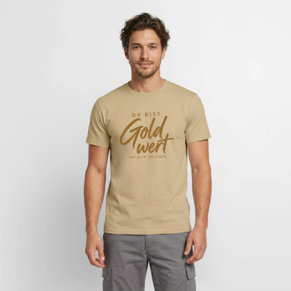 T-Shirt „Du bist Gold wert“ – Sandbeige & Weiß