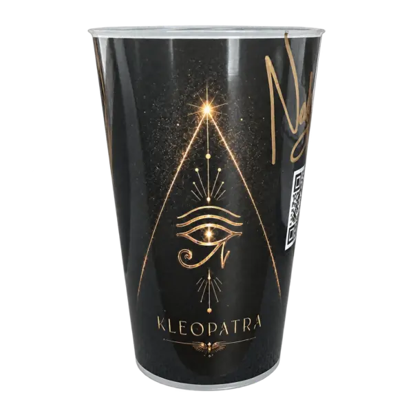 Kleopatra Fanbecher – Rückansicht mit goldenem Kleopatra-Augenmotiv